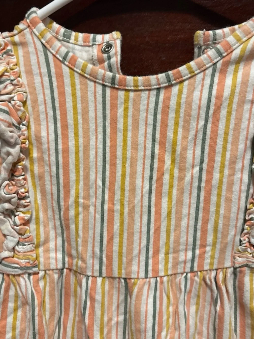 Striped Ruffle-Shoulder Romper in Peach, Yellow & Light Green
